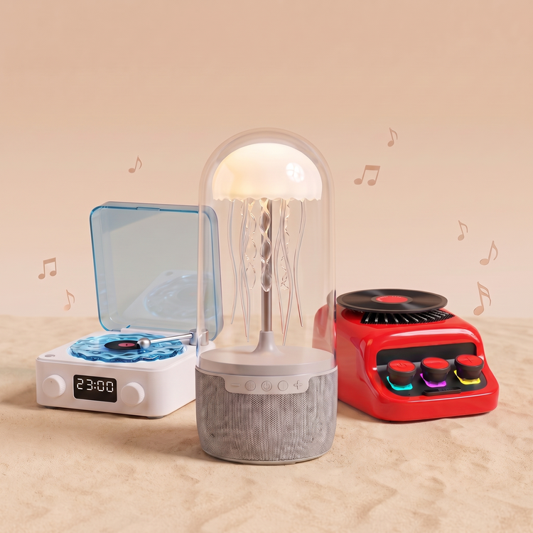 Speakers collection: jellyfish, turntable and retro CD speakers
