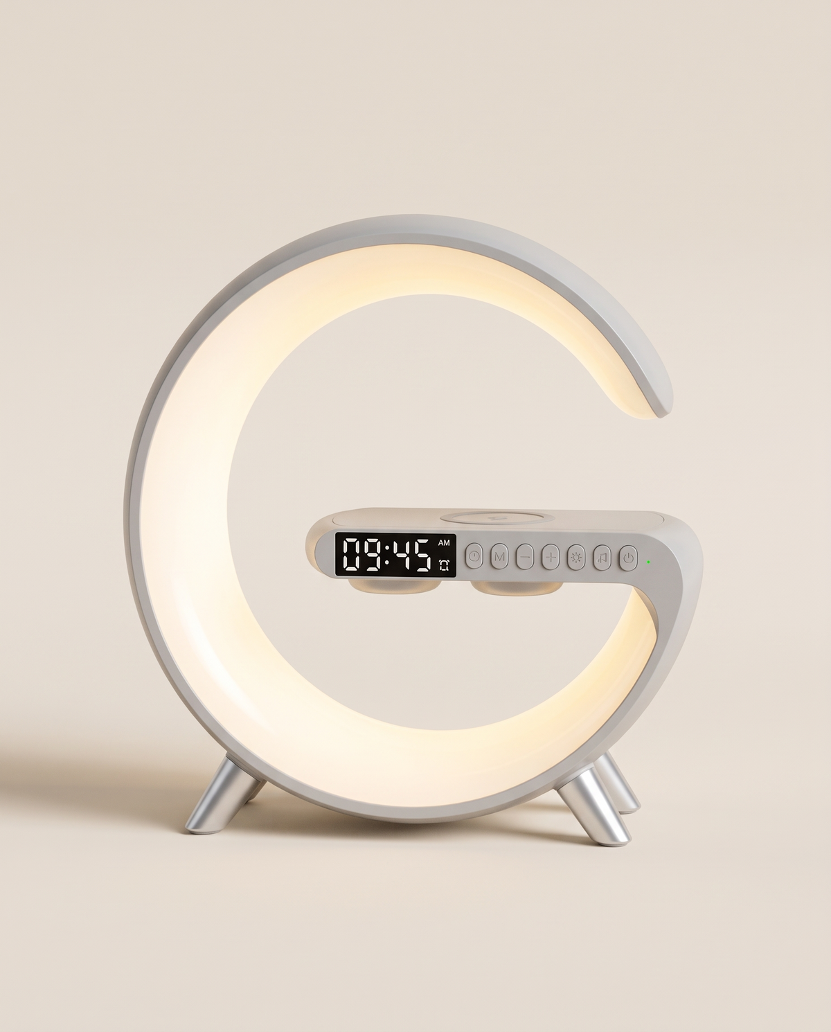 G-shaped smart lamp with clock, speaker and wireless charger