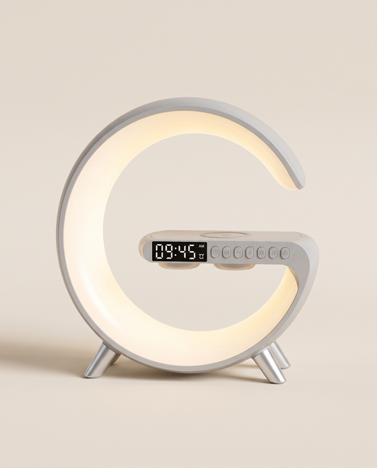 G-shaped smart lamp with clock, speaker and wireless charger