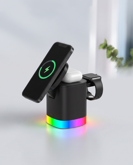 3-in-1 RGB cube charging station with phone, watch and earbuds