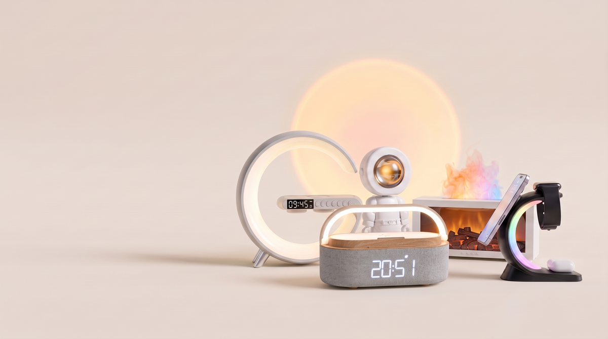 Glowing lamps, diffuser, charging station and charger clock on a soft cream background